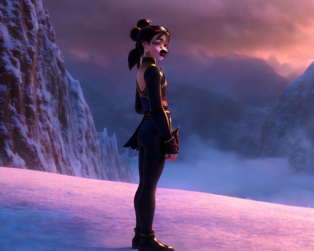 Female character in black outfit on snowy mountain at twilight