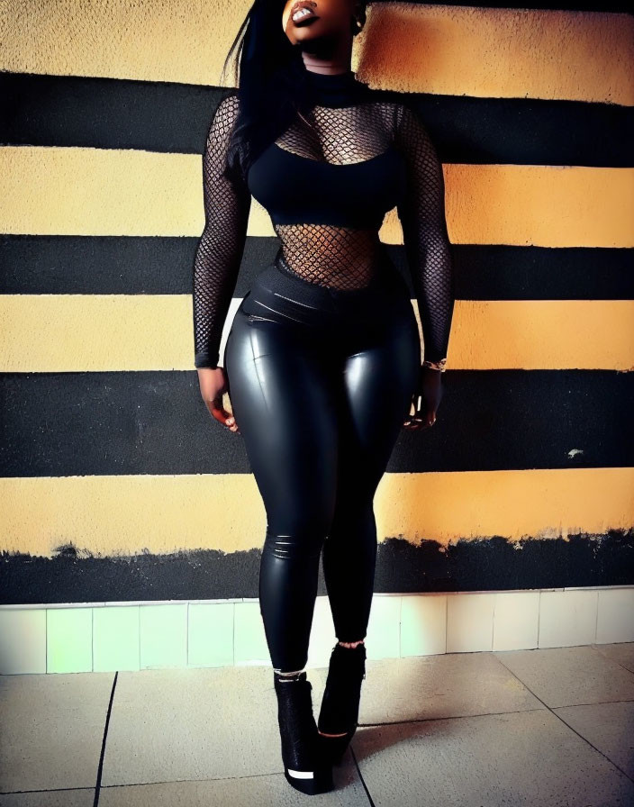 Person in Black Mesh Top and Leather Pants Against Striped Wall