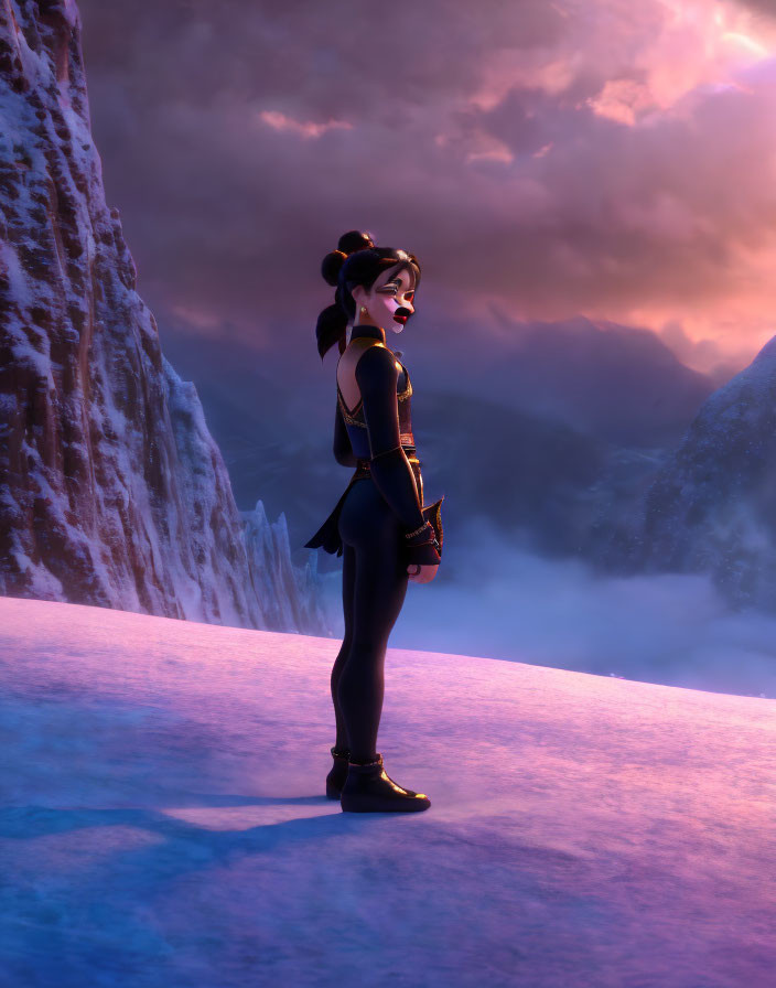 Female character in black outfit on snowy mountain at twilight