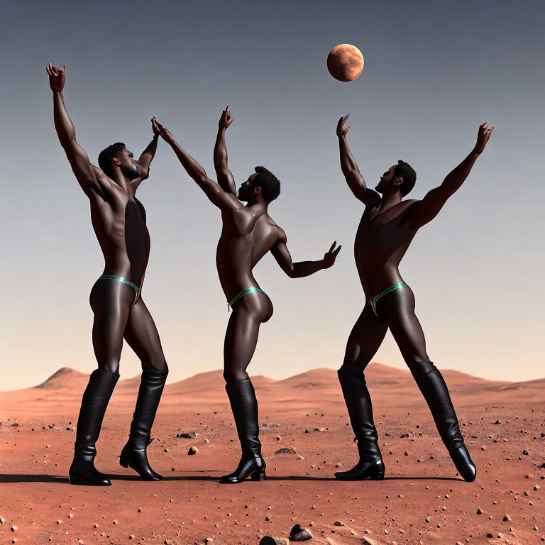 Three figures in dark bodysuits and boots on Martian landscape with lunar eclipse.