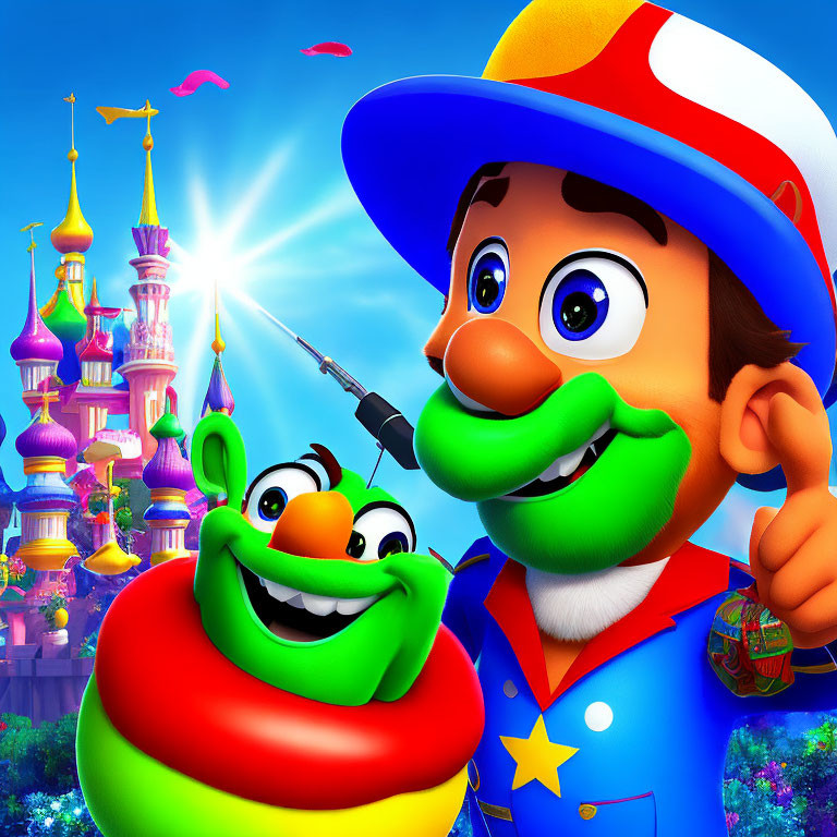 Colorful Outfit Cartoon Character with Caterpillar in Fantasy Castle Scene