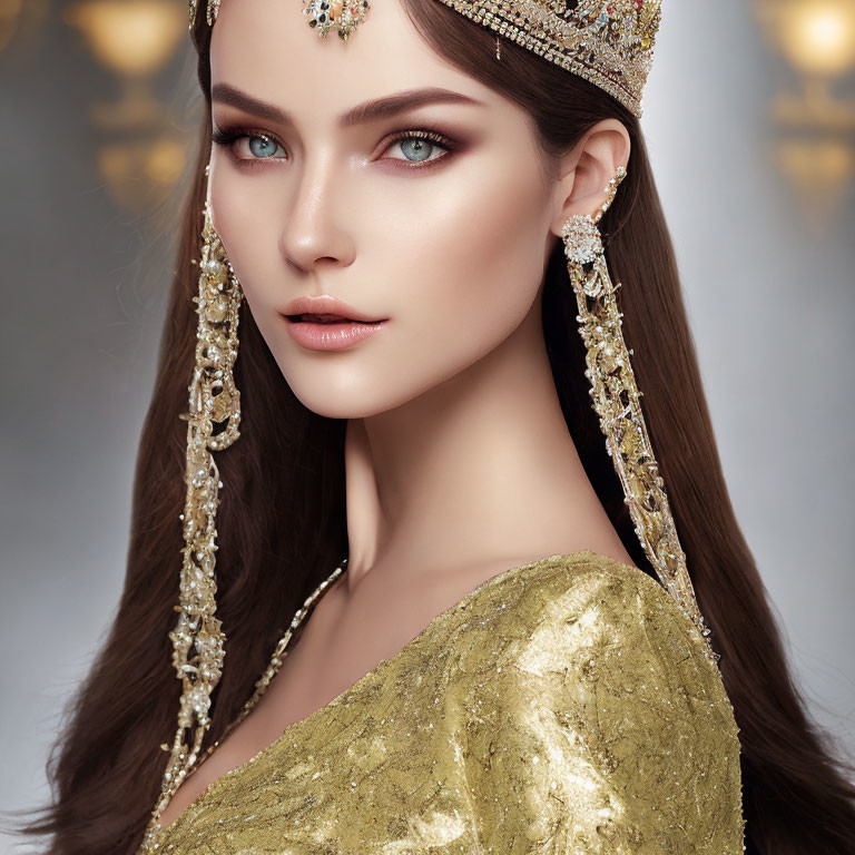 Woman with Striking Blue Eyes in Golden Crown and Dress