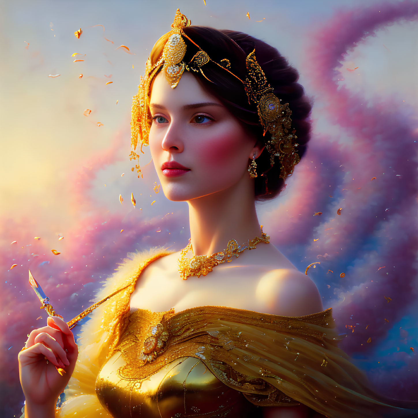 Digital artwork of woman with golden headpiece and feather quill, set against colorful cloud background