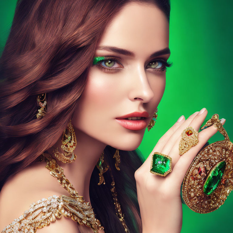 Woman with Striking Green Eyes in Golden Jewelry and Sequined Outfit on Green Background