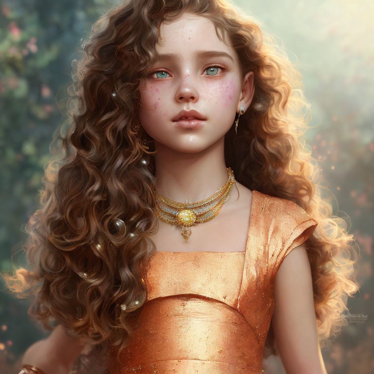 Digital artwork of a young girl with curly hair, green eyes, freckles, golden dress.