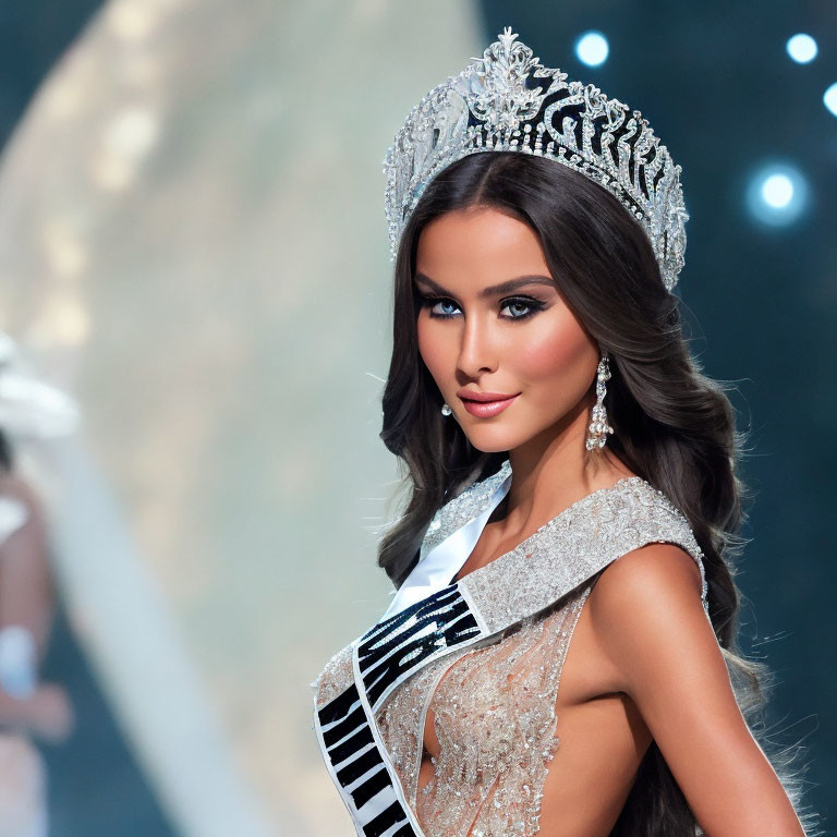 Elegant beauty pageant winner with crown and sash under moonlit sky