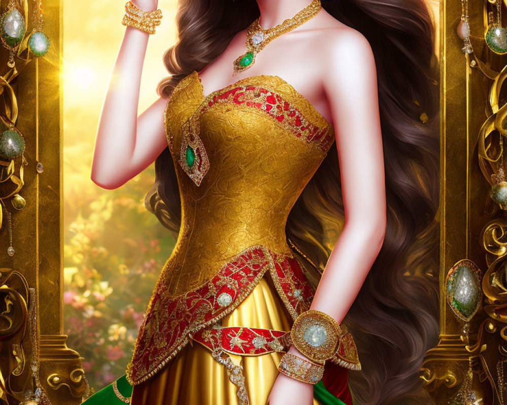 Animated woman in golden traditional dress with elegant jewelry against ornate backdrop