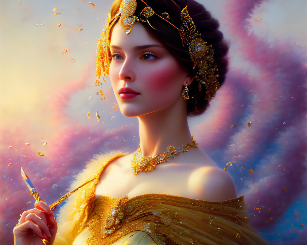 Digital artwork of woman with golden headpiece and feather quill, set against colorful cloud background