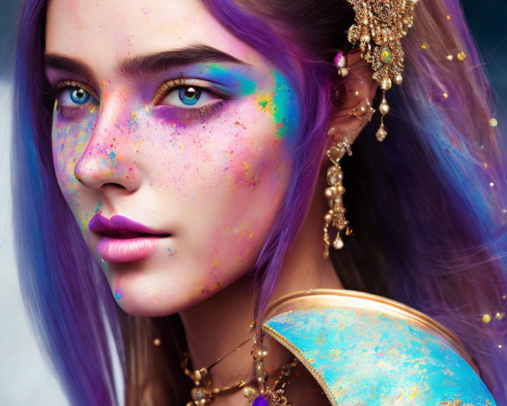 Woman with vibrant makeup, blue eyes, purple hair, gold headpiece, and earrings.