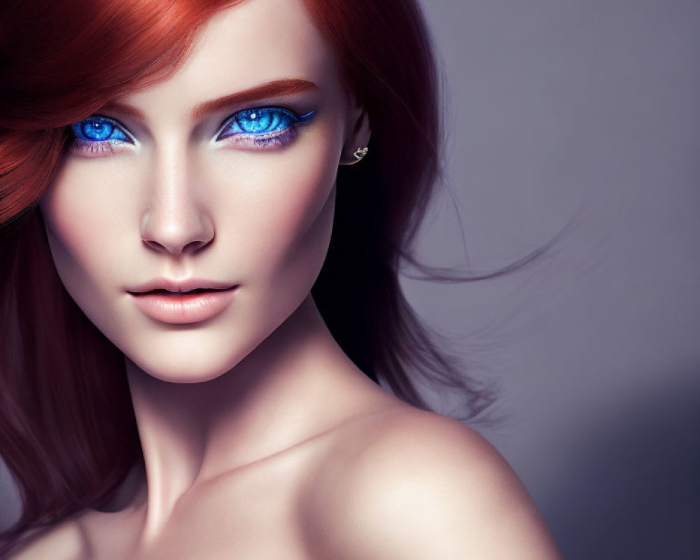 Vibrant red-haired woman with blue eyes in digital portrait