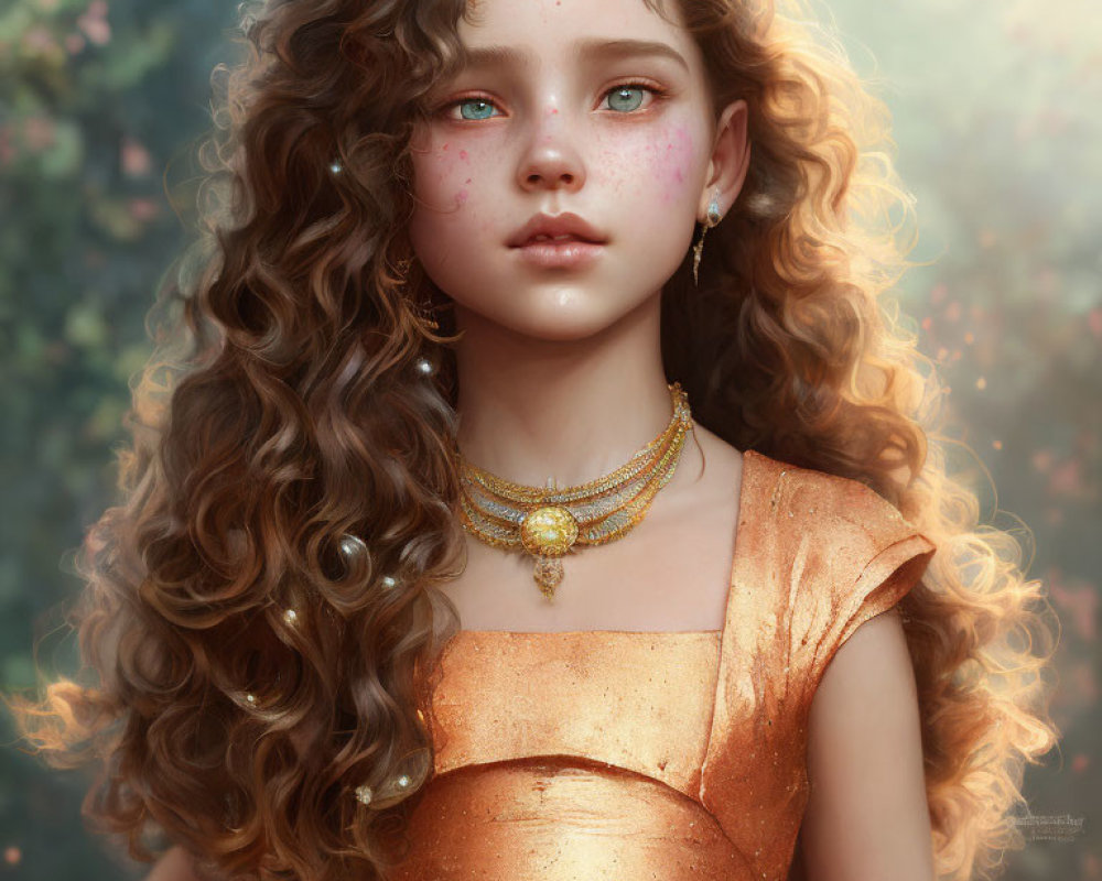 Digital artwork of a young girl with curly hair, green eyes, freckles, golden dress.