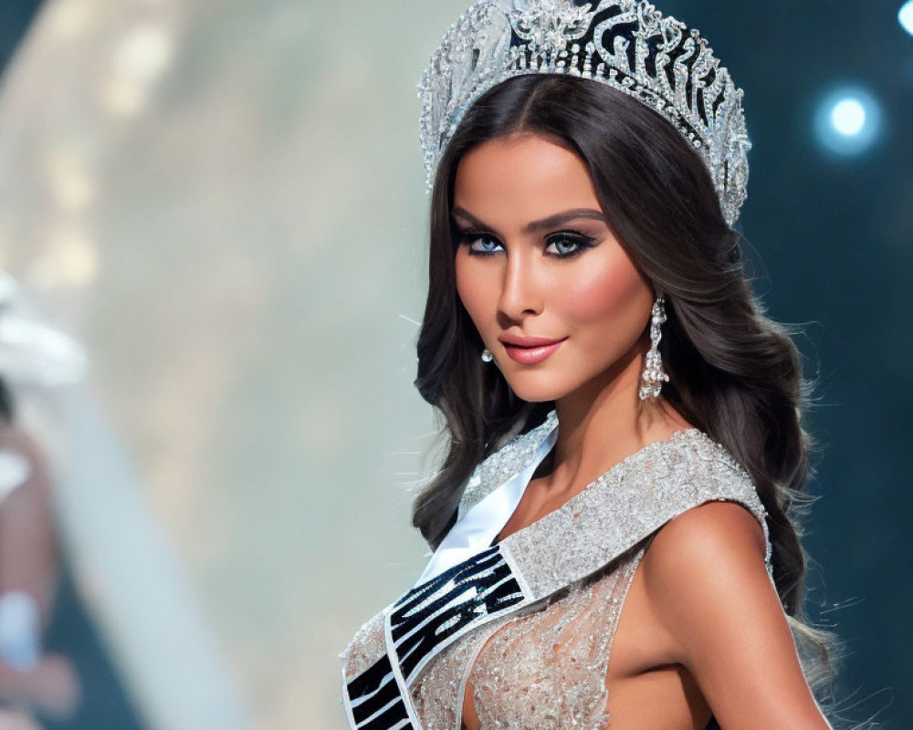 Elegant beauty pageant winner with crown and sash under moonlit sky