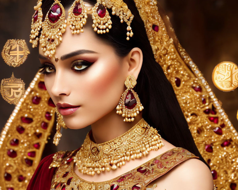 Intricately adorned woman in traditional red and gold attire