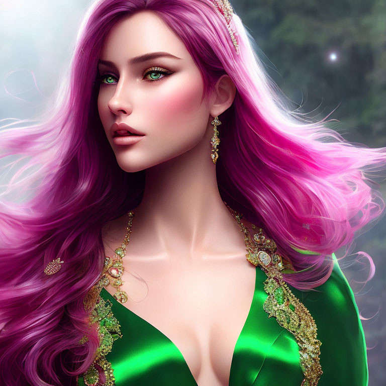 Vibrant Pink Hair Woman in Green Dress and Tiara