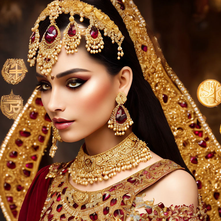 Intricately adorned woman in traditional red and gold attire