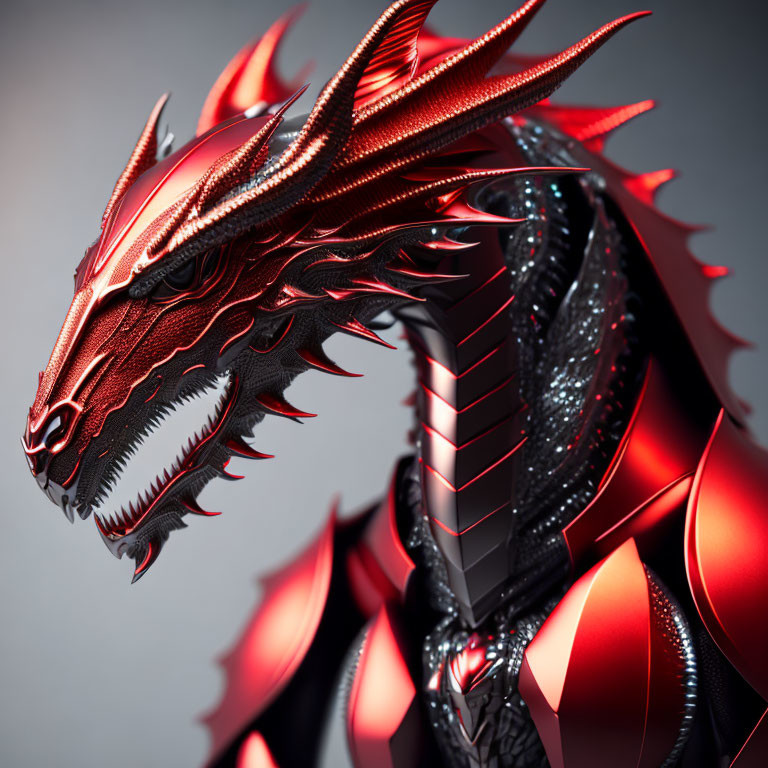 Metallic Red and Black Dragon with Intricate Scales and Horns