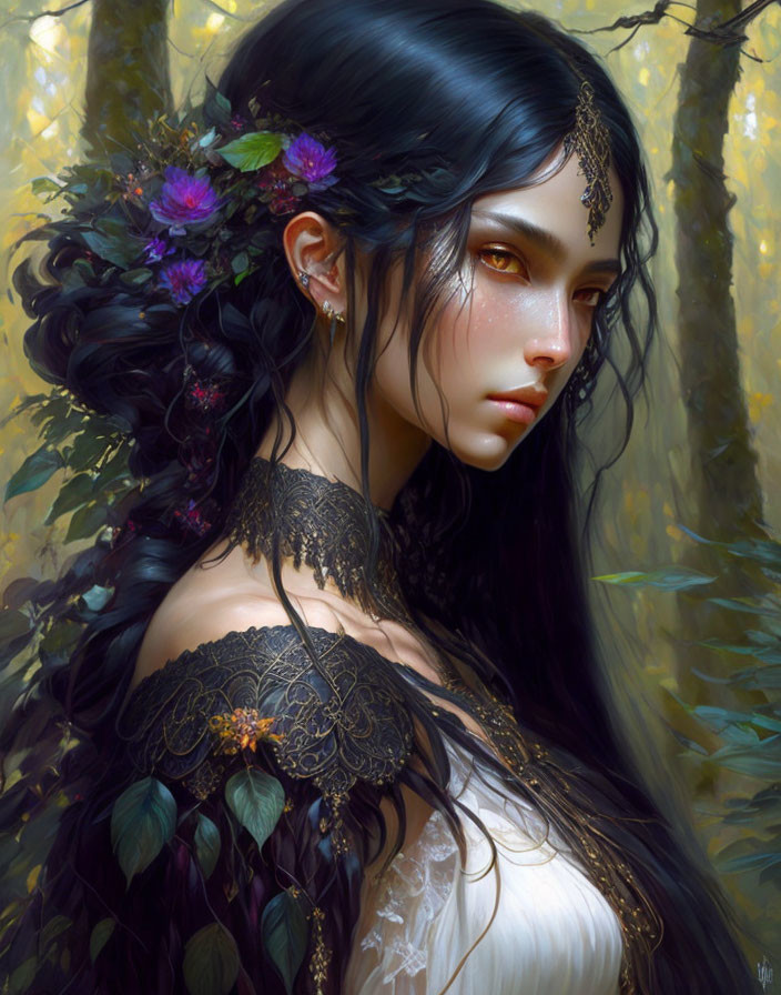 Mystical woman with captivating eyes in forest setting