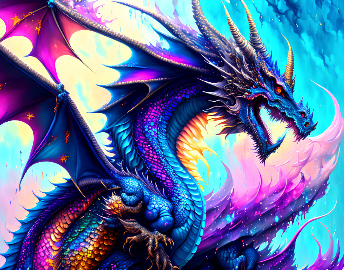 Colorful Dragon Illustration with Detailed Scales and Expansive Wings