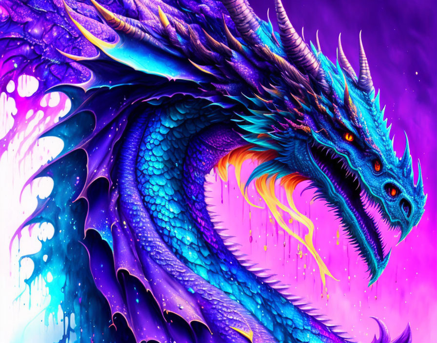 Detailed blue and purple dragon artwork with fiery orange accents