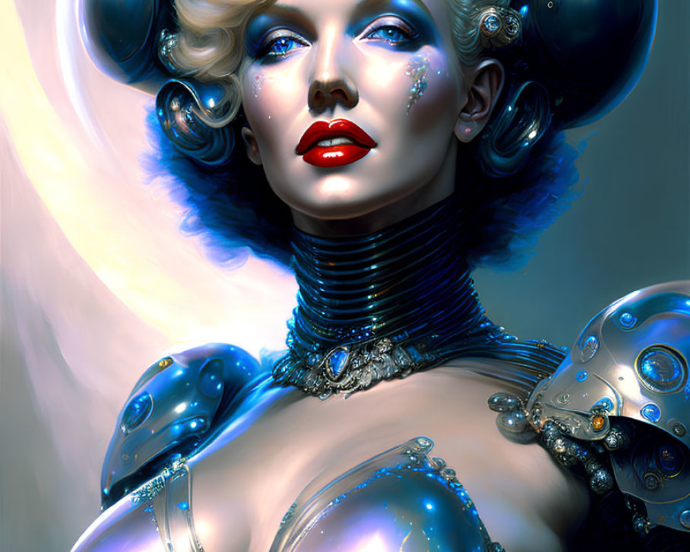 Female Android in Glossy Metallic Armor with Blue Eyes and Blonde Hair