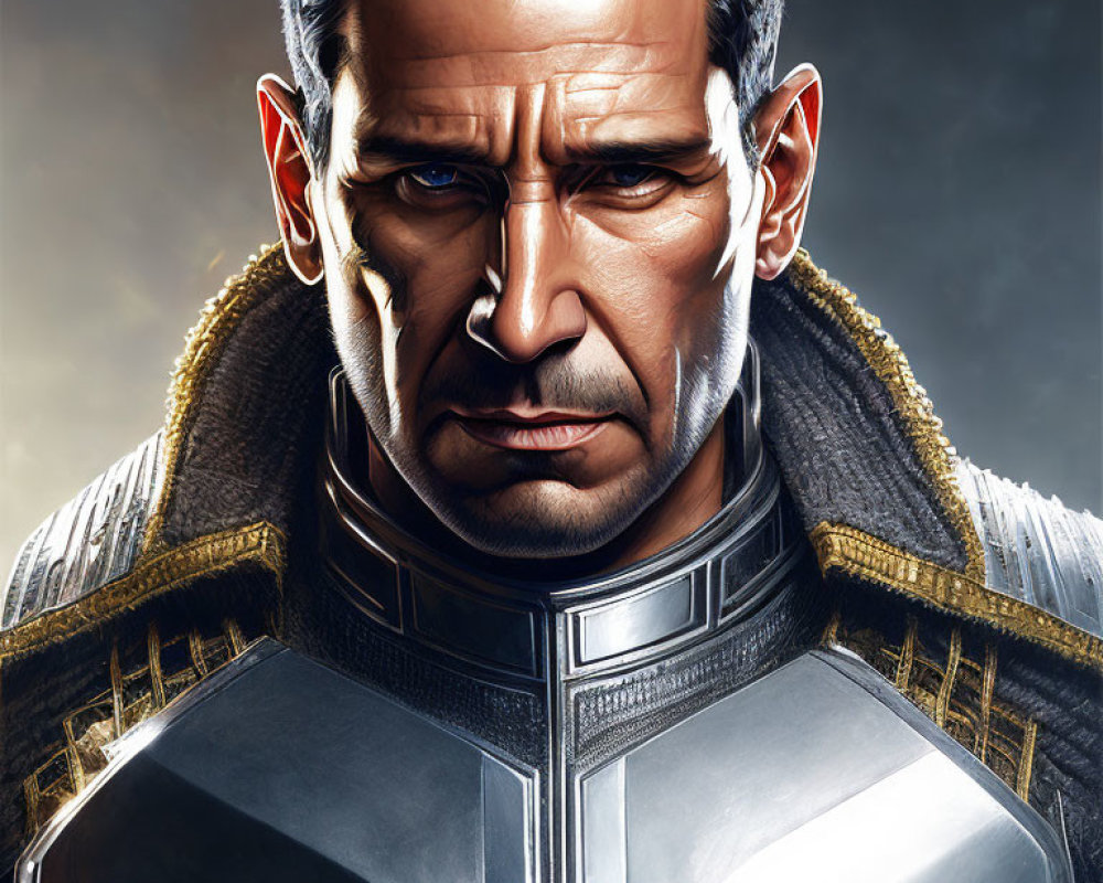 Dark-haired man in futuristic armored suit with high collar and shoulder detail