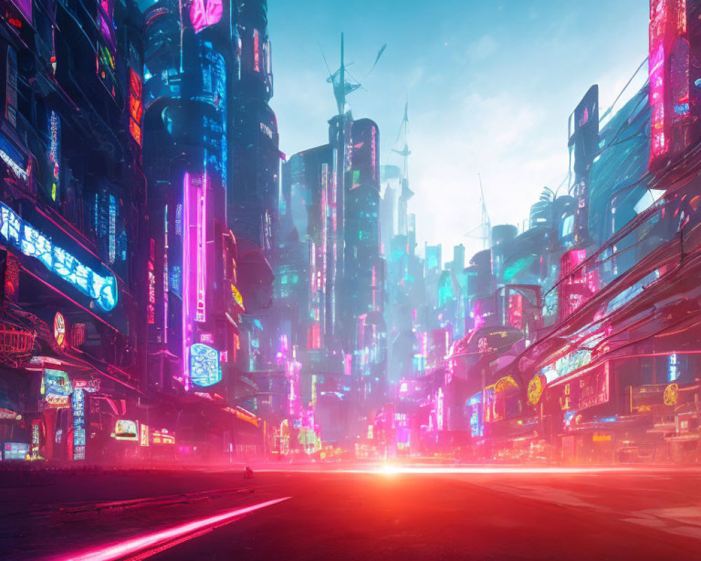 Vibrant neon-lit cityscape with skyscrapers and glowing road at twilight