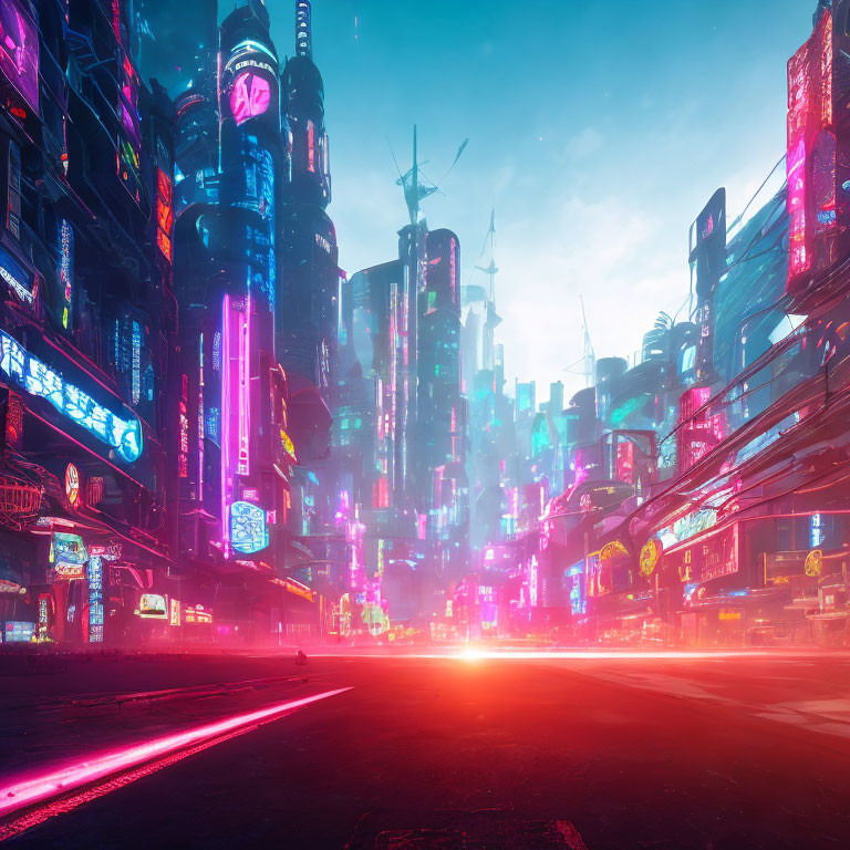 Vibrant neon-lit cityscape with skyscrapers and glowing road at twilight