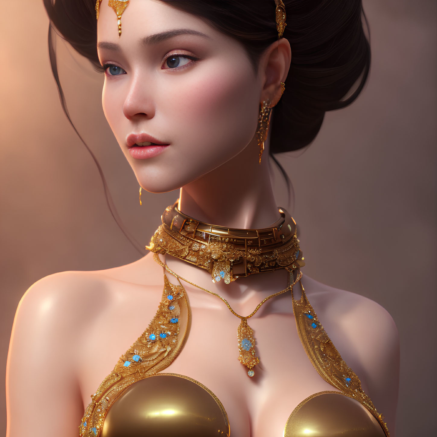 Digital Artwork: Woman with Blue Eyes, Gold Jewelry, and Elaborate Hairstyle