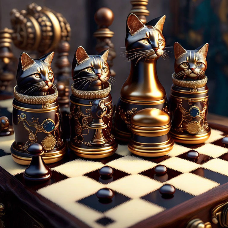 Luxurious Gold and Black Cat Chess Set with Ornate Designs