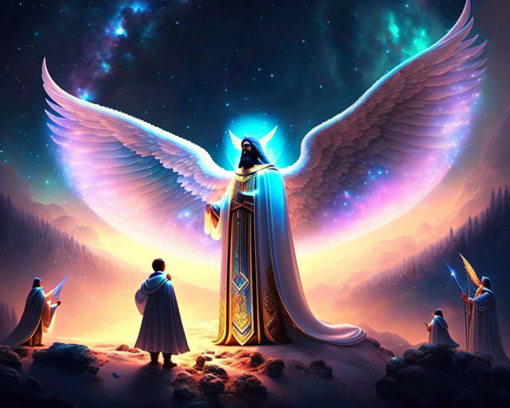 Majestic winged figure in ornate robes captivates awe-struck audience under starry