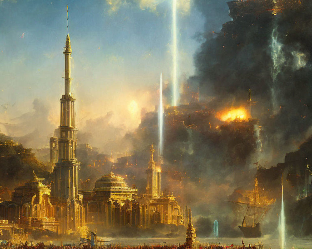 Fantastical cityscape with tall spire, harbor ships, luminescent beams, fire-l