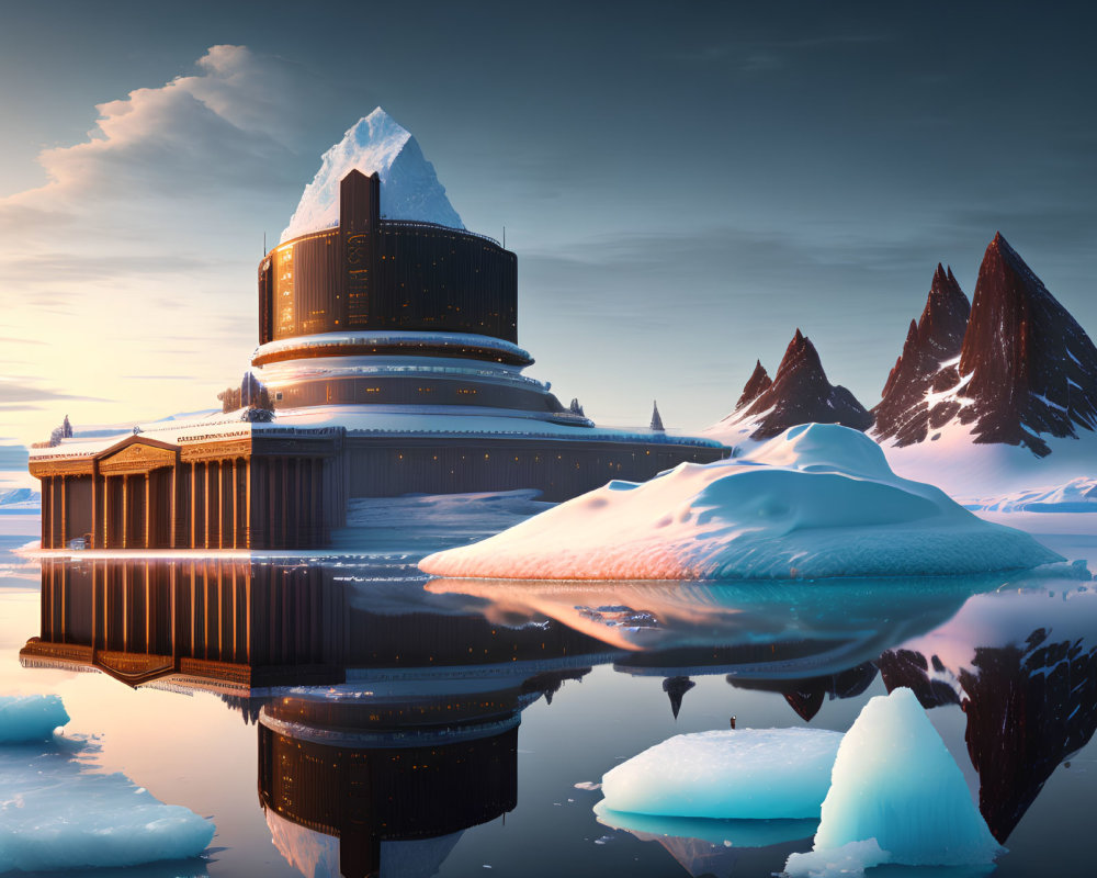 Futuristic building with dome roof in icy waters and sharp mountains under soft sky