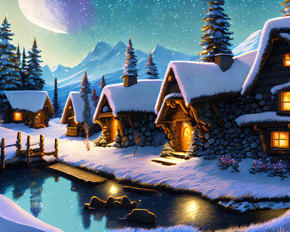 Winter scene: cottages in snowy forest by river, moonlit sky & mountains