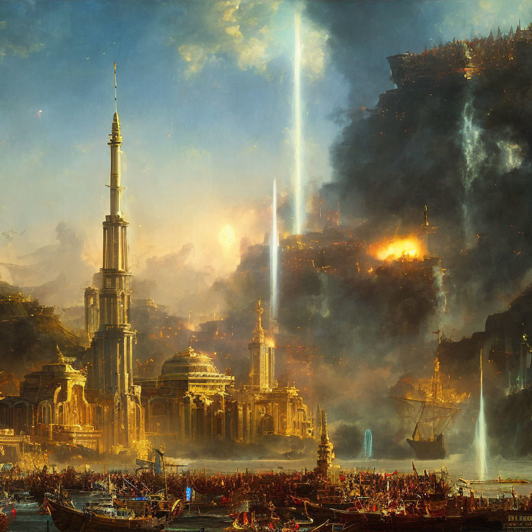 Fantastical cityscape with tall spire, harbor ships, luminescent beams, fire-l