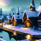 Winter scene: cottages in snowy forest by river, moonlit sky & mountains