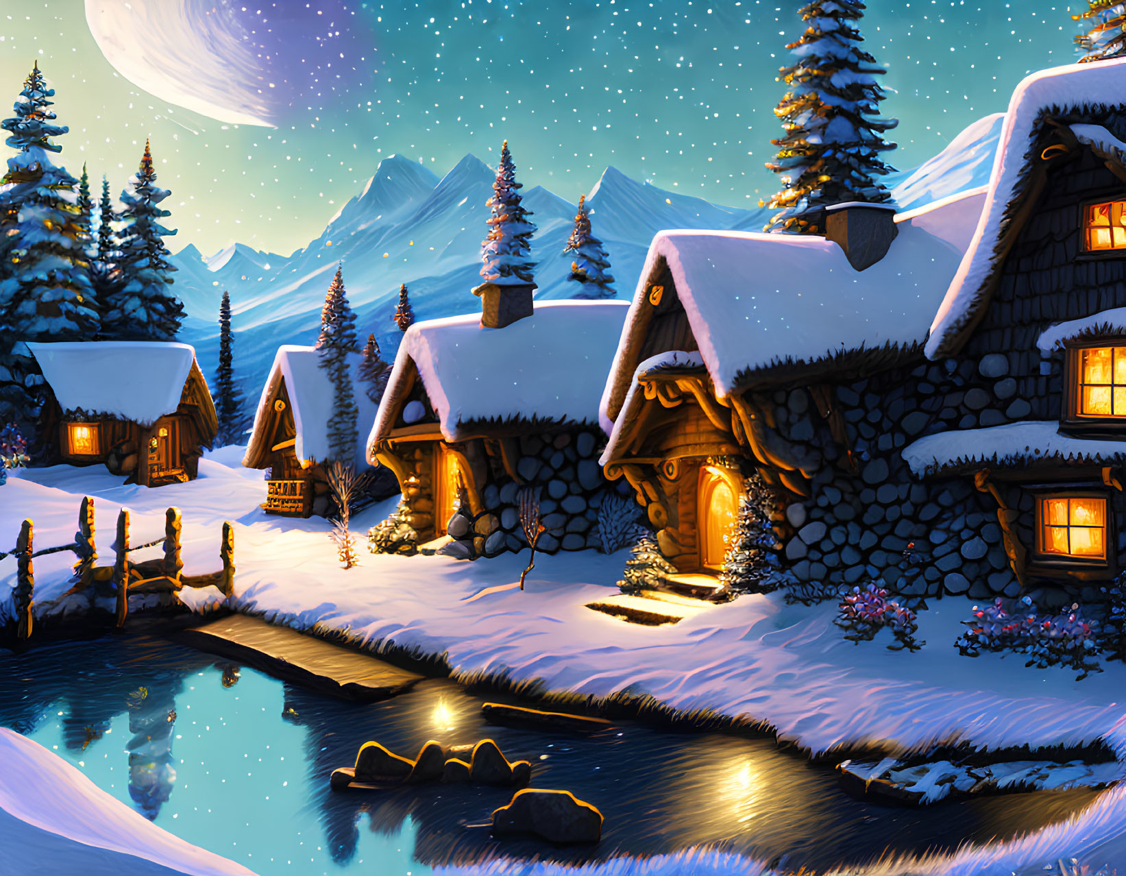 Winter scene: cottages in snowy forest by river, moonlit sky & mountains