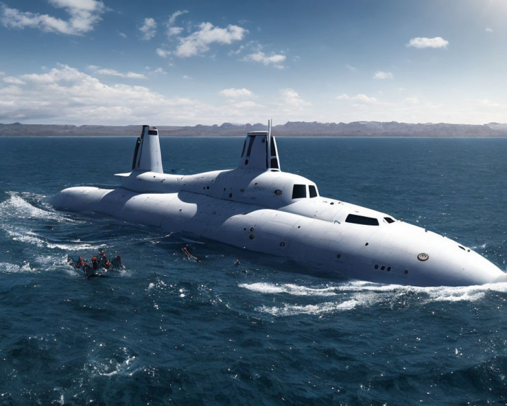 Futuristic submarine with twin hulls and small boat on ocean surface