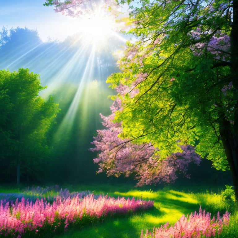 Lush garden with pink blooming trees under sunrays