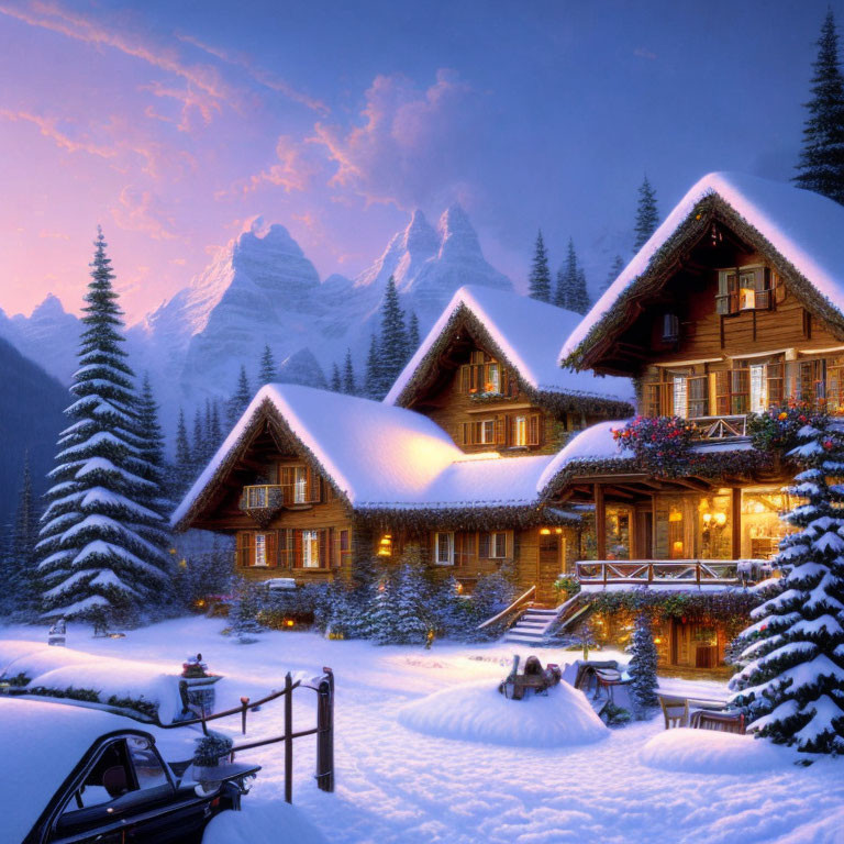 Snow-covered chalet in scenic winter landscape with pine trees and mountain peaks at dusk