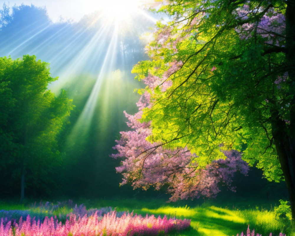 Lush garden with pink blooming trees under sunrays