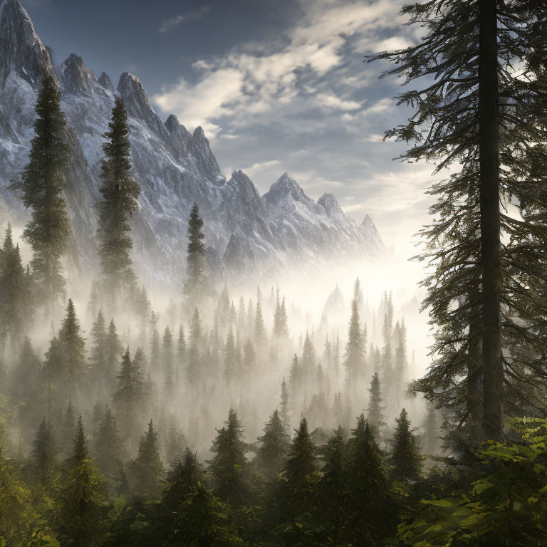 Sunlit forest with mist, evergreens, and snowy mountains under cloudy sky