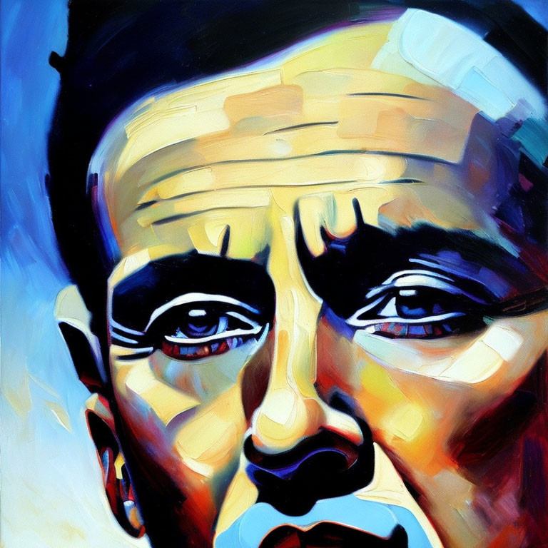 Vibrant abstract portrait with expressive brush strokes in blue, white, and yellow