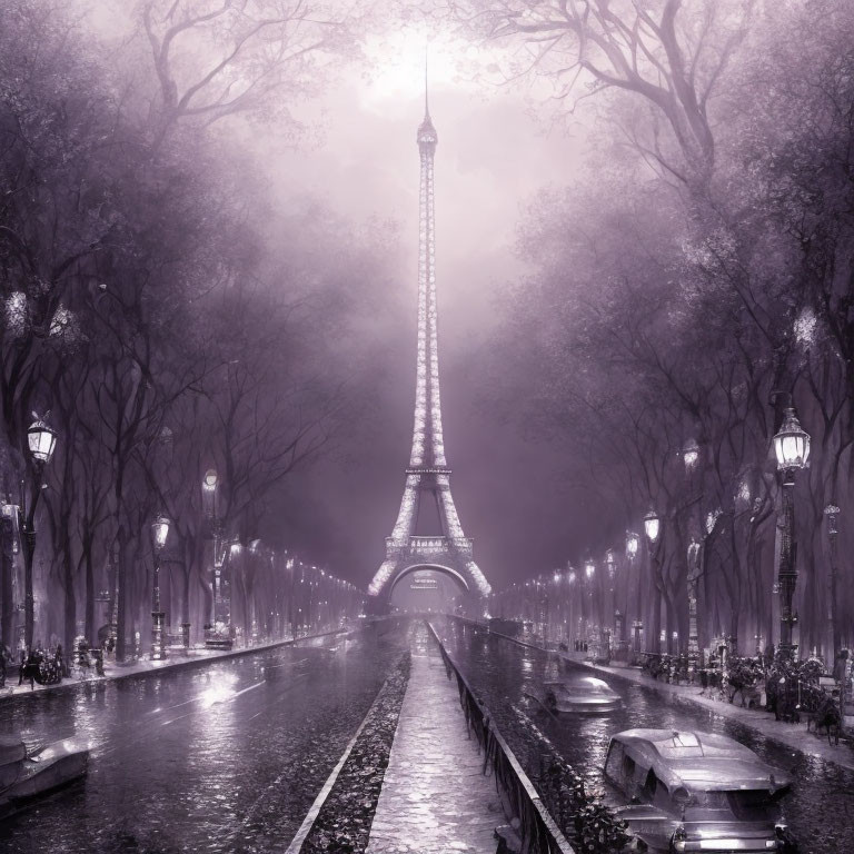 Monochrome view of misty Eiffel Tower with street lamps and canal boats