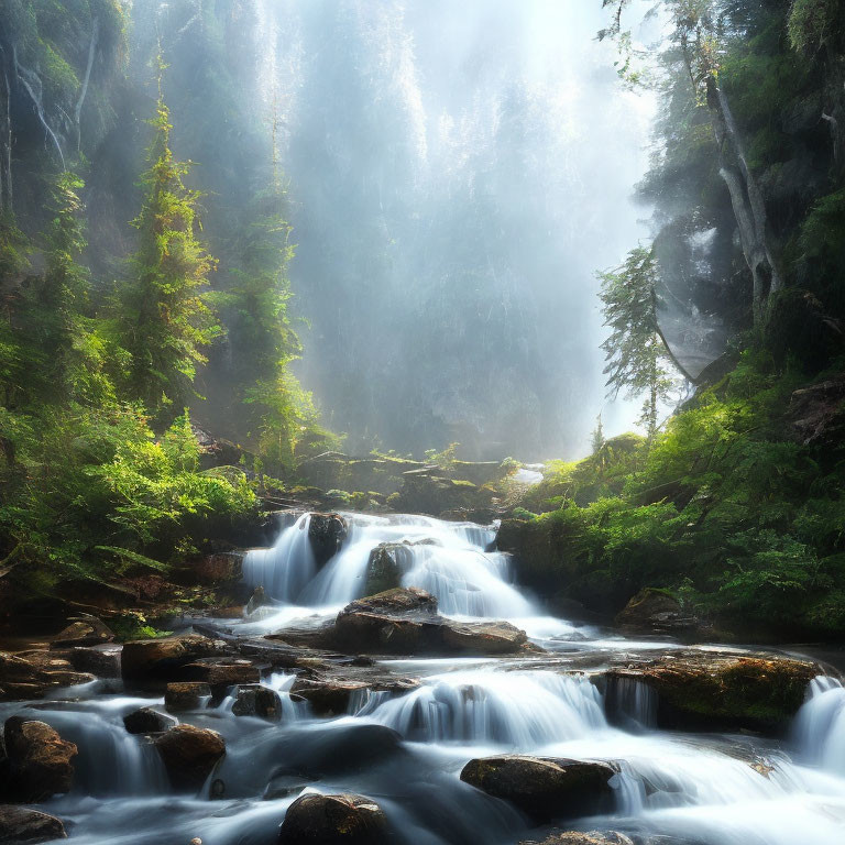 Tranquil forest scene: waterfall, rocks, sunbeams