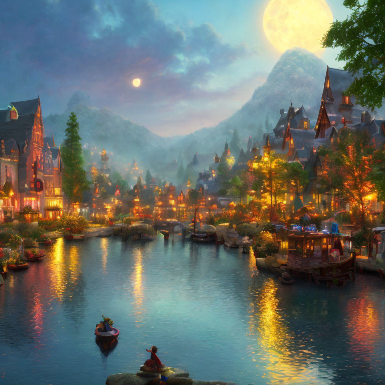 Tranquil fantasy village scene at dusk with glowing lights, river, boat couple, and moonlit