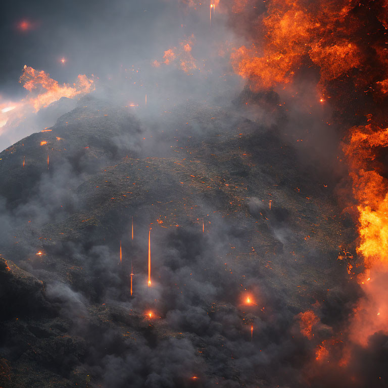 Dramatic volcanic eruption with fiery lava and billowing smoke