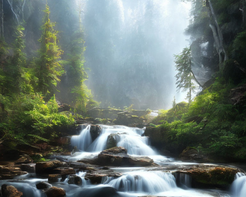Tranquil forest scene: waterfall, rocks, sunbeams
