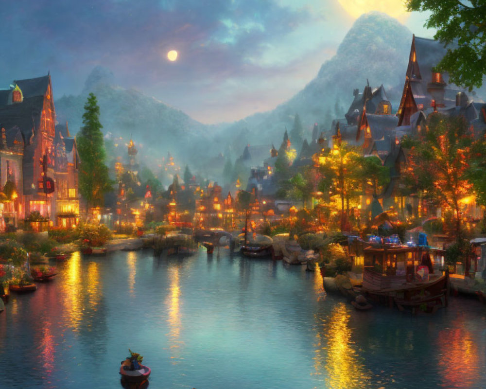 Tranquil fantasy village scene at dusk with glowing lights, river, boat couple, and moonlit