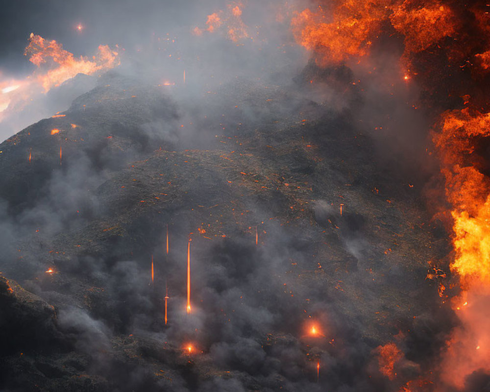 Dramatic volcanic eruption with fiery lava and billowing smoke