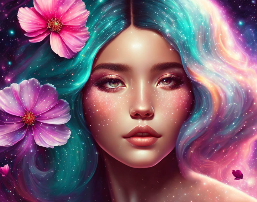 Vibrant digital art: woman with galaxy-themed hair and cosmic flowers